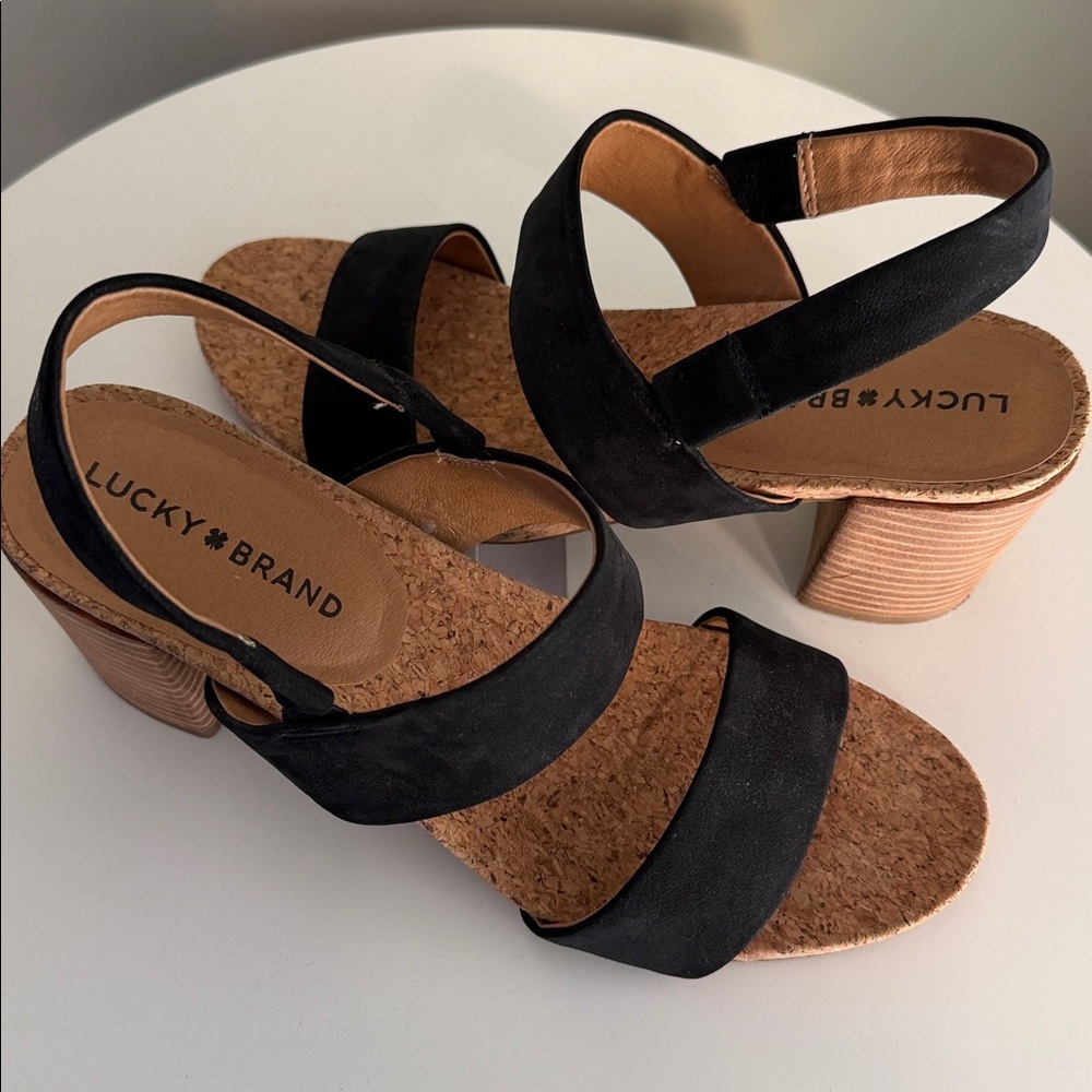 Lucky Brand Jobina Heel Sandal leather upper cork midsole stacked block heel EUC - Picture 13 of 16